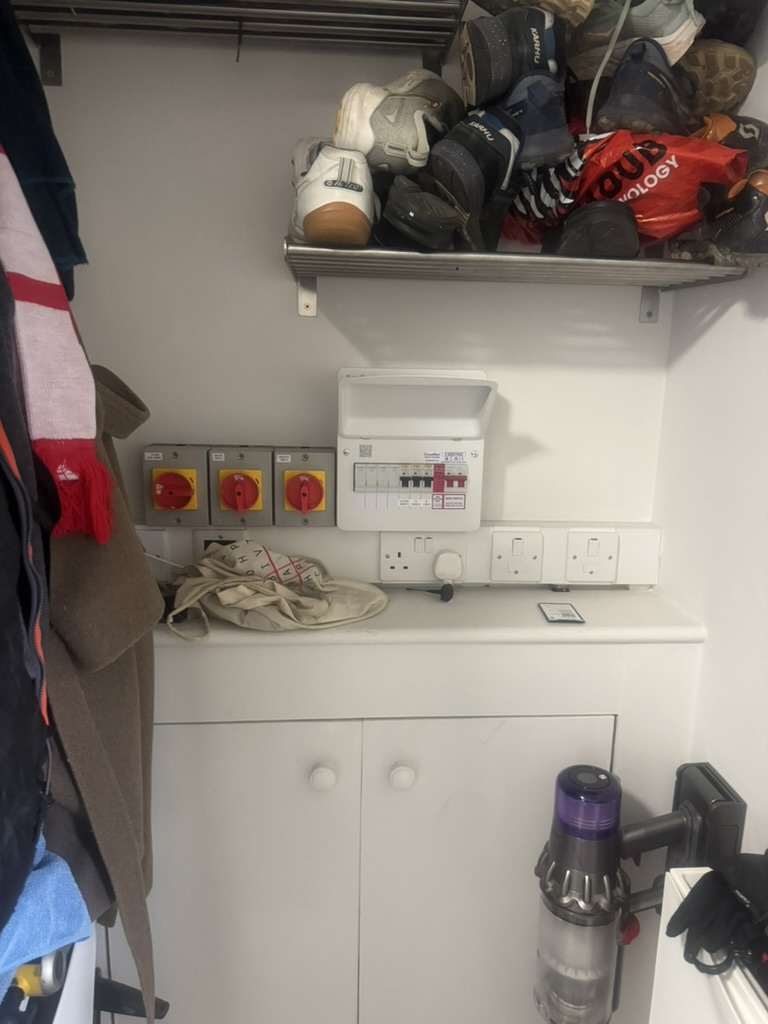 Separate backup consumer unit and isolators installed for selected lighting, Wi-Fi and kitchen circuits